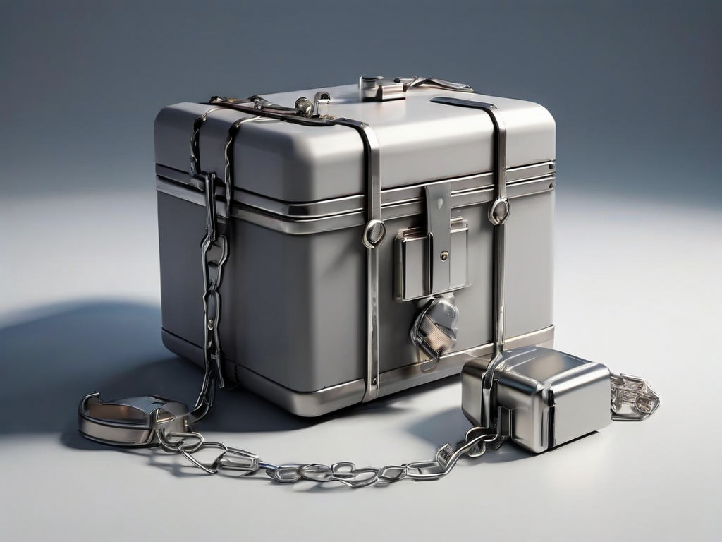 A sealed metal case with a short chain beside scattered small blocks on a matte gray surface under soft side light.