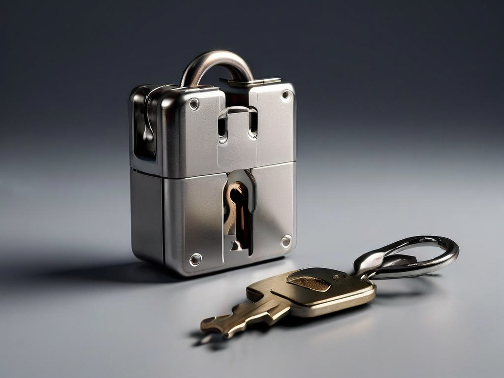 Small metal lock, key case, and blank security card on gray studio surface.