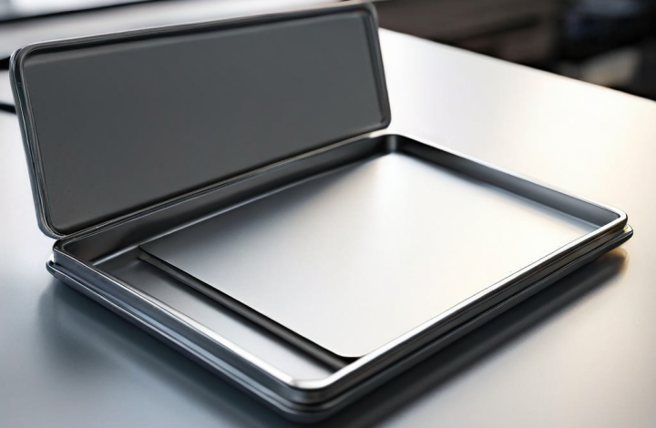 Blank divider cards in a brushed metal tray, angled morning light, organized storage concept.