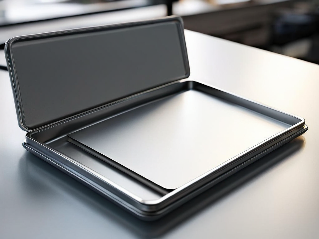 Blank divider cards in a brushed metal tray, angled morning light, organized storage concept.