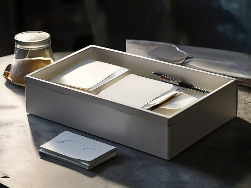 Closed archive box with blank divider tabs and a refresh stamp on a stone counter, soft studio light.