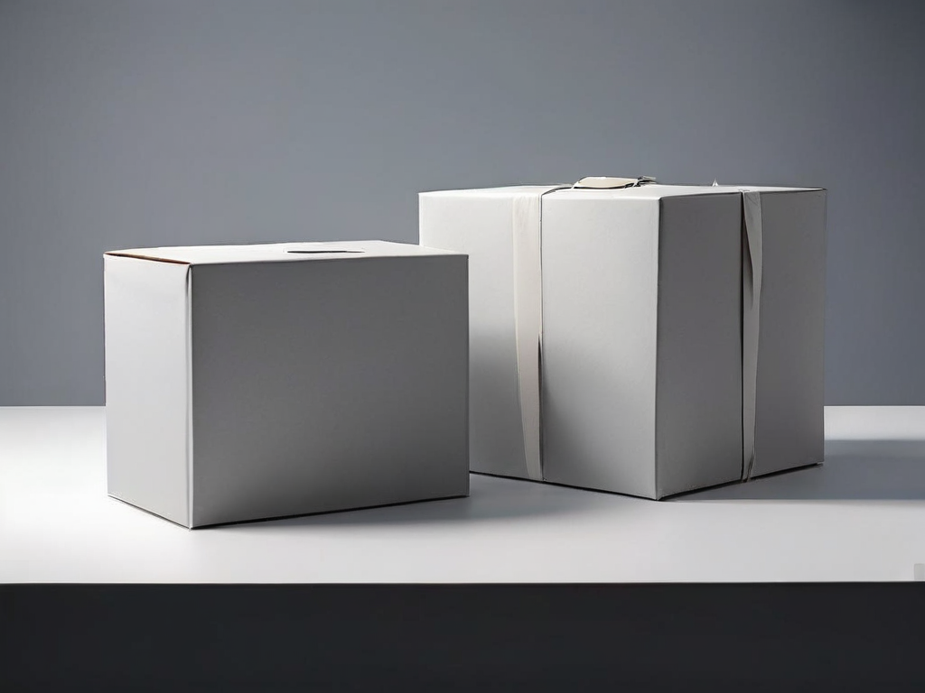 Two archive boxes on a gray surface, one sealed and one open with an empty sleeve inside, soft shadows.