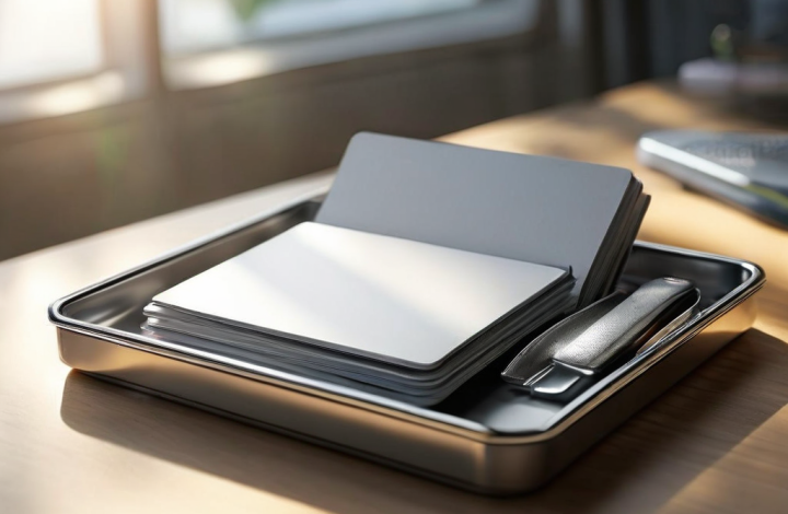 A brushed metal tray holds blank white divider cards, with morning light casting soft shadows across the organized storage.