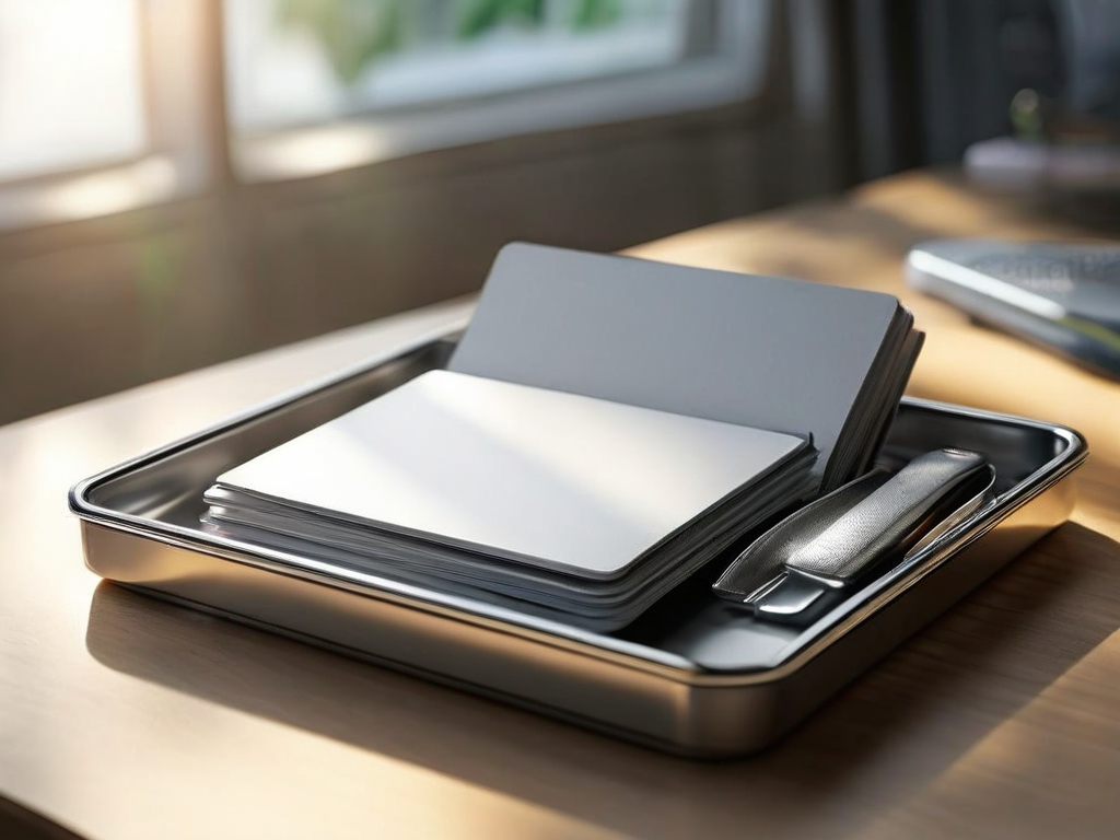 A brushed metal tray holds blank white divider cards, with morning light casting soft shadows across the organized storage.