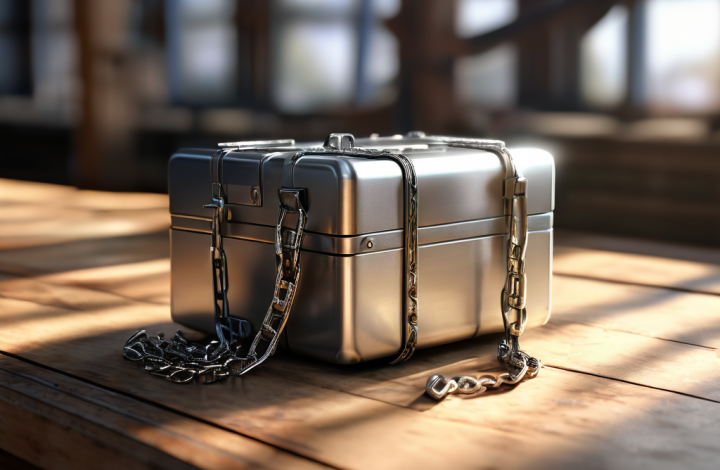 A sealed metal case linked by a short chain to separate blocks on a brushed surface, bathed in angled daylight.