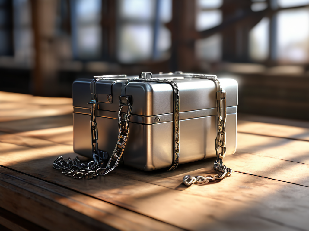 A sealed metal case linked by a short chain to separate blocks on a brushed surface, bathed in angled daylight.